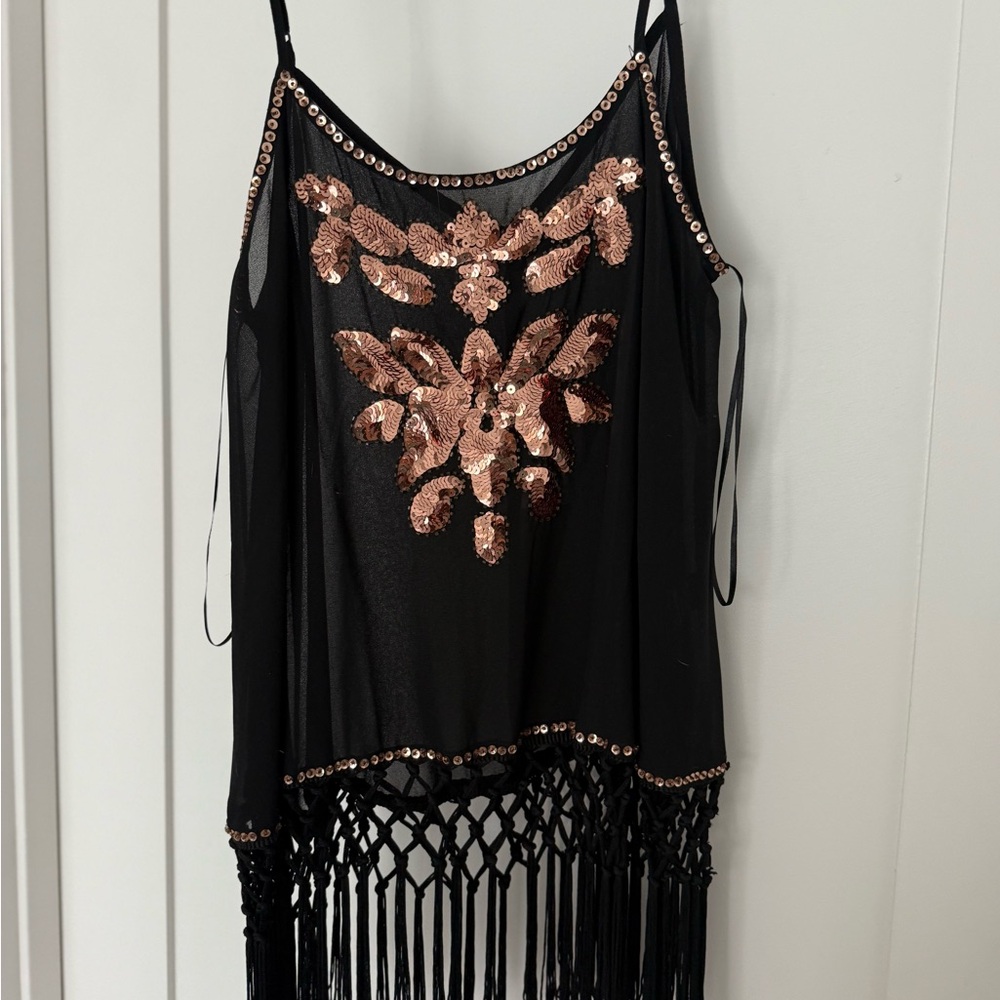 Black Fringe Sequin Tank Top with Rose Gold Embellishment